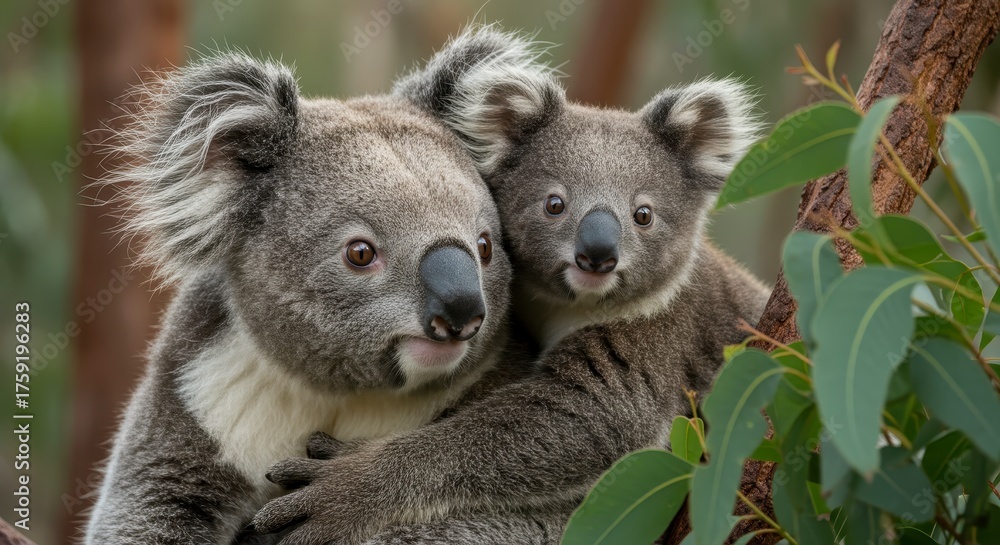Naklejka premium Close up of two koalas cuddling on a tree branch with green foliage
