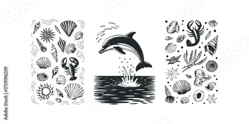 Line art dolphin leaping from water surrounded by seashells and sea life