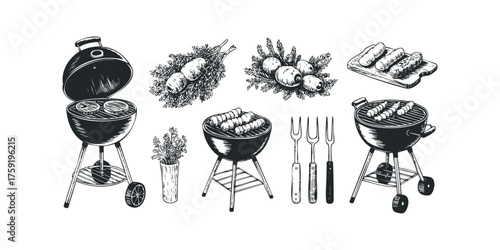 Grill collection with food and tools