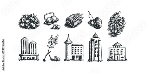 Collection of Hand Drawn Food and Buildings