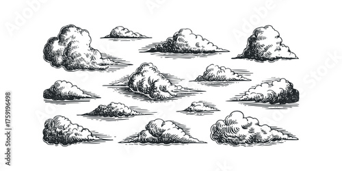 Various cloud shapes drawn in a sketch style