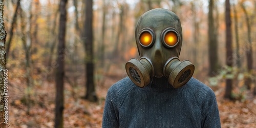  figure wearing a gas mask with glowing eyes stands in a forest, creating a mysterious and eerie atmosphere.