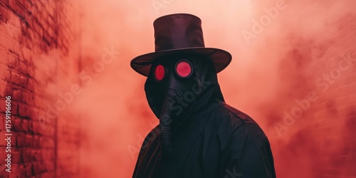 mysterious figure in a dark outfit and gas mask stands against a foggy, red background, evoking an eerie atmosphere.
