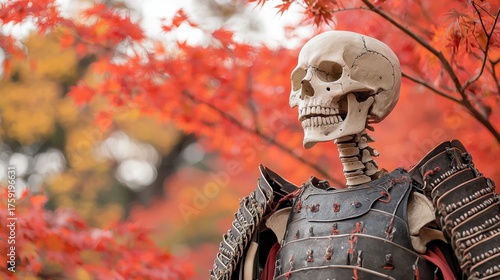 skeleton dressed in armor stands amidst vibrant autumn foliage, creating a striking contrast of life and death.