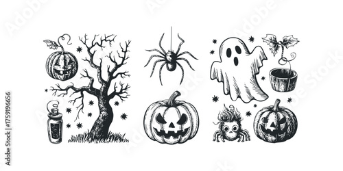 Spooky Halloween elements featuring pumpkins, ghost, and spiders