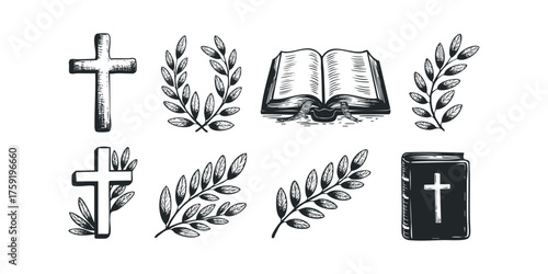 Collection of Religious Symbols Including Crosses and Books