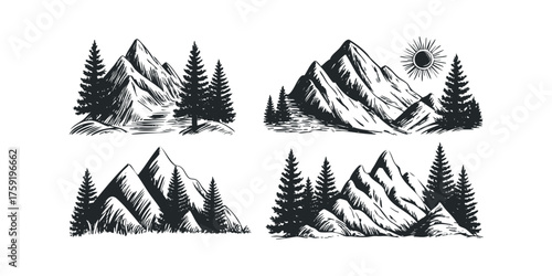 Sketchy Mountain Landscape with Pine Trees and Sun