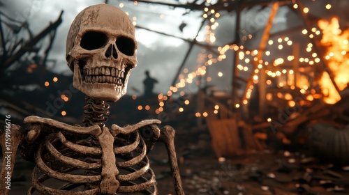  detailed skeleton stands amid destruction, with a fiery backdrop and blurred figures, evoking themes of mortality and chaos.
