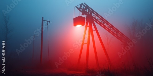haunting scene featuring a silhouetted crane in a foggy landscape, illuminated by eerie red light, creating a mysterious atmosphere.