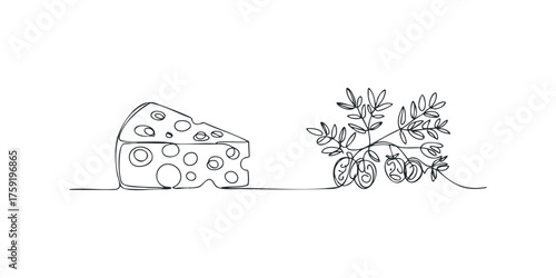 Abstract continuous line drawing of cheese wedge and tomato plant