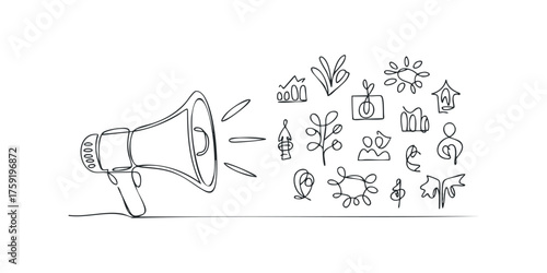 Megaphone broadcasting diverse symbols and icons