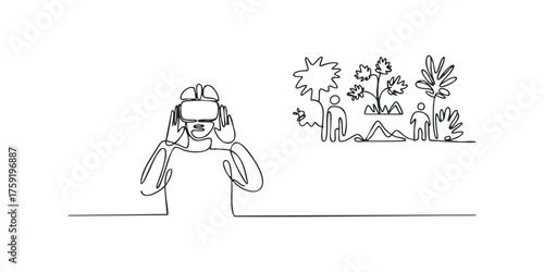 Person wearing VR headset experiences virtual world with nature