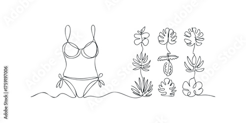 Minimalist continuous line drawing of a bikini and tropical leaves