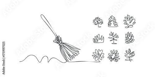 Continuous line drawing of broomstick and botanical elements