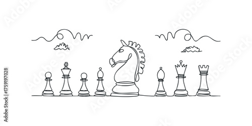 Single line drawing of a complete set of chess pieces