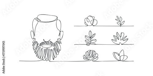 Abstract single line drawing of a bearded man and plants