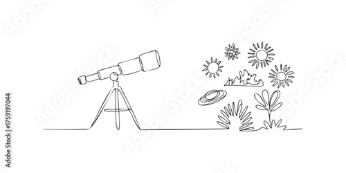 Line art telescope exploring celestial bodies and plants