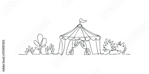 Circus tent and plants single line drawing