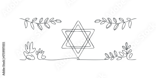 Star of David with branch and leaf line art