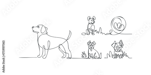 Minimalist single line drawings of four dogs in various poses