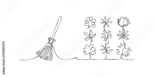 Continuous line drawing of a broom sweeping stylized leaves