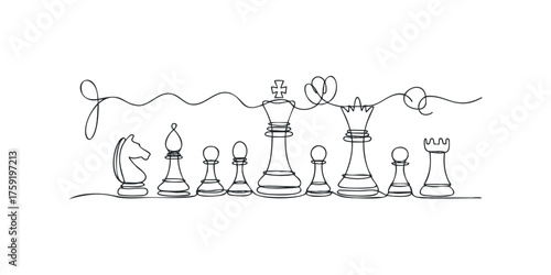 Continuous line drawing of chess pieces arranged in a row