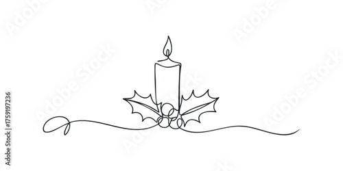 Single line drawing of a lit candle with holly berries