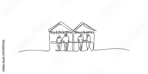 People at two market stalls in a continuous line drawing