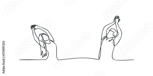 Two abstract figures reaching upwards with arms extended