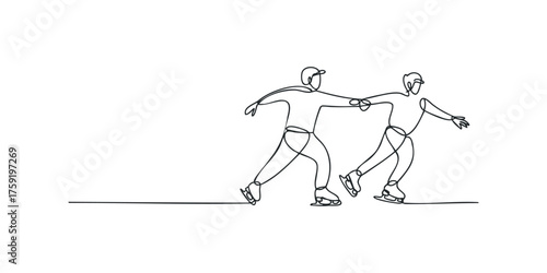 Two ice skaters linked arms in a continuous line drawing
