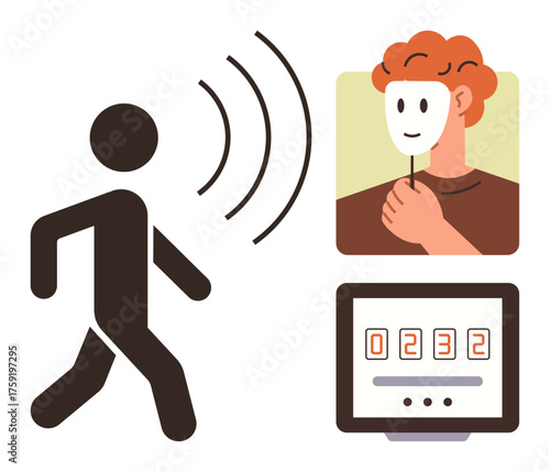Human figure emitting waves, individual holding mask, and digital counter signify identity tracking, anonymity, and surveillance. Ideal for technology, privacy, ethics, data security AI behavior