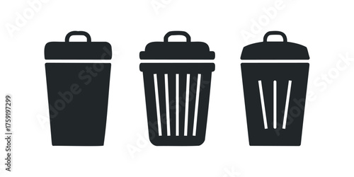 Three silhouette trash cans with lids