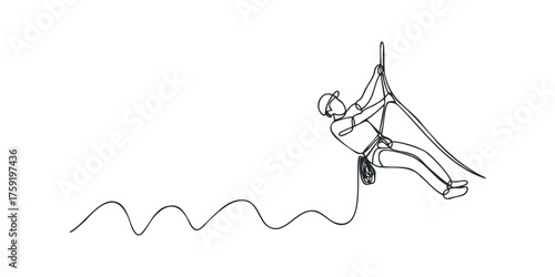Single line drawing of a person rappelling down a cliff face