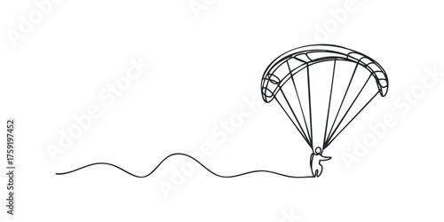 Continuous line drawing of person paragliding with wavy ground