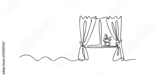 Minimalist continuous line drawing of a window with curtains and a potted plant