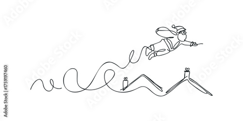 Joyful Santa flying above rooftops during winter