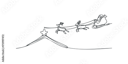 Santa's sleigh pulled by reindeer in continuous line drawing