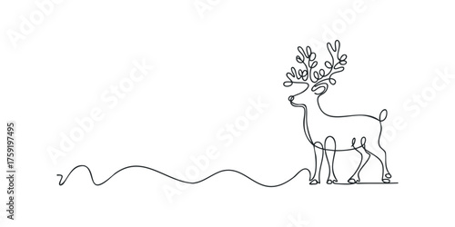 Single line drawing of a reindeer with antlers