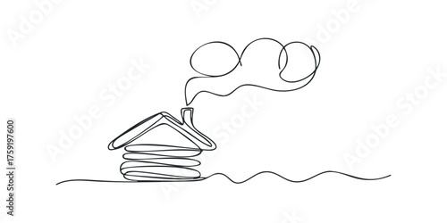 Minimalist house with chimney smoke line drawing