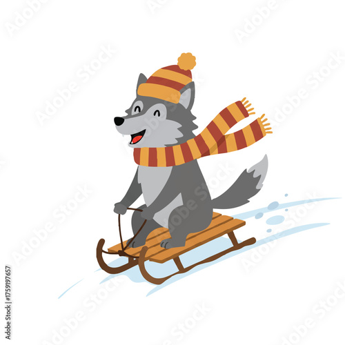 Cheerful wolf wearing a thick striped scarf and a pom-pom winter hat excitedly rides a wooden sled down a gentle snowy slope, presented as a simplified 2D flat vector illustration.