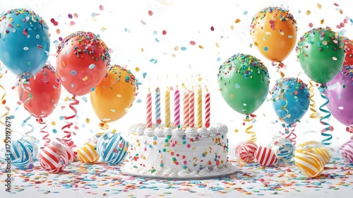 Festive Birthday Cake with Balloons and Candles