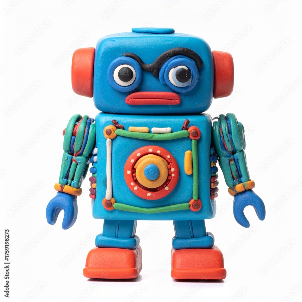 Fototapeta premium Funny Blue Clay Robot on White Background