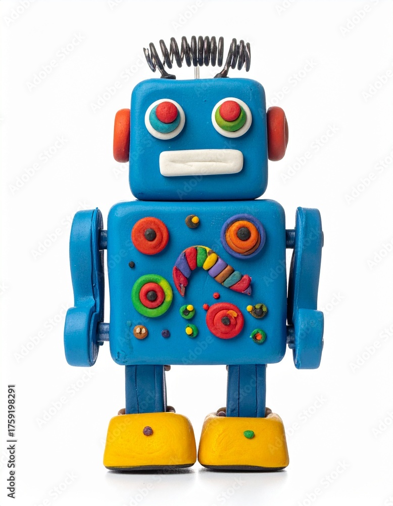 Fototapeta premium Blue funny Robot molded from plasticine modeling clay isolated on white background
