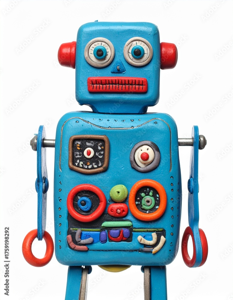 Fototapeta premium Blue funny Robot molded from plasticine modeling clay isolated on white background