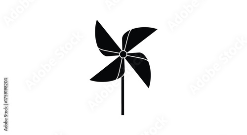 A simple black silhouette of a classic pinwheel toy on a white background representing childhood and outdoor fun silhouette