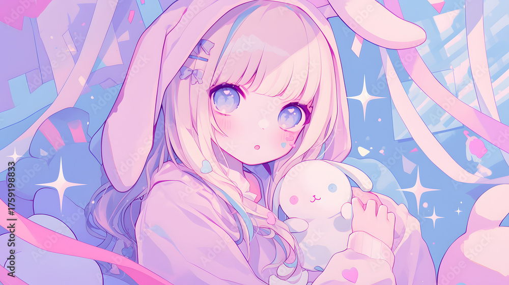 Obraz premium anime girl soft pastel bunny hoodie pink cheek
