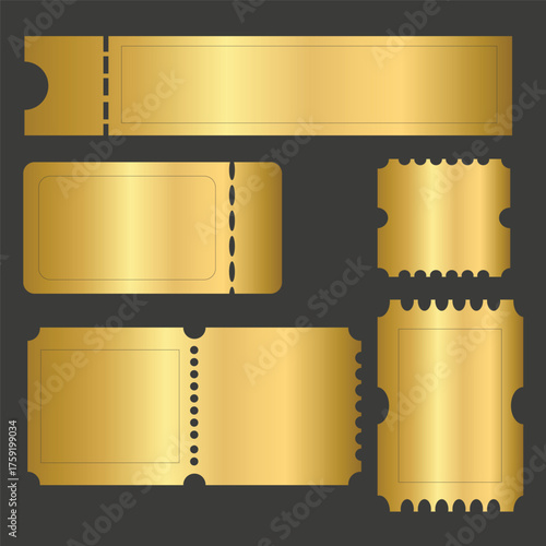 Gold ticket vector mockup collection. Elegant blank coupons and admission stubs for theater, festival, or gala. Glossy golden voucher designs on dark background.