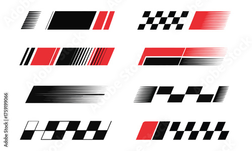 Racing Stripes Vector Set,  Dynamic sport car wrap designs, checkered patterns, speed lines, and modern geometric decals for automotive customization, motorsport graphics, and high-performance vehicle