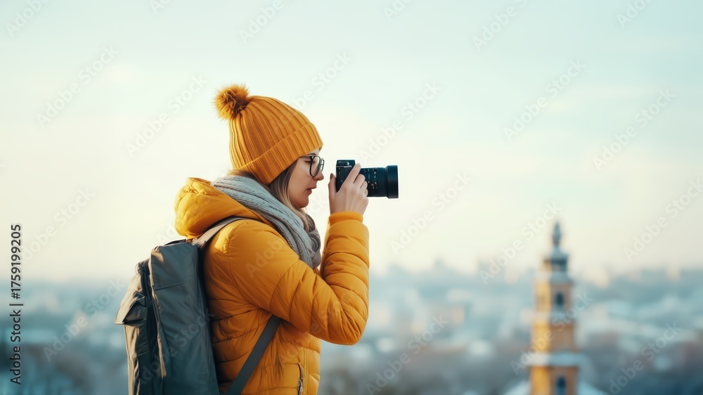 Obraz premium Passionate female photographer in bright yellow winter jacket and beanie captures stunning urban cityscape views while traveling and exploring on cold day