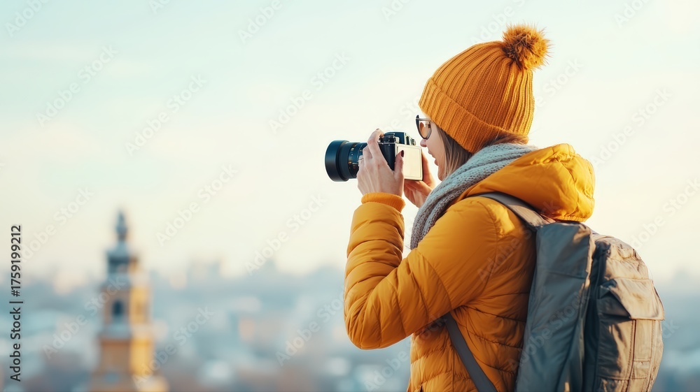 Obraz premium Enthusiastic winter traveler captures scenic cityscape view woman photographer with camera and backpack enjoys outdoor adventure, exploring new places